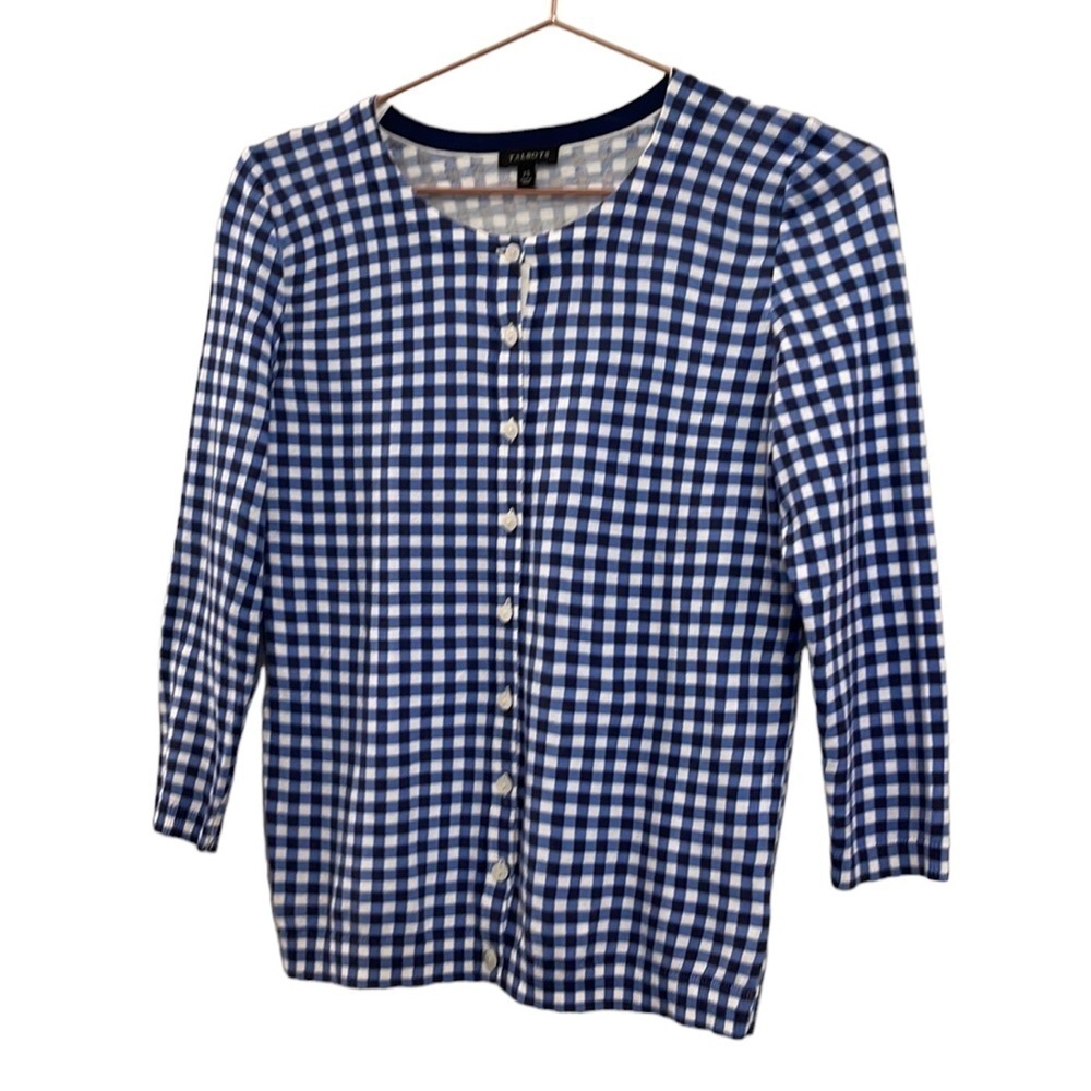 TALBOTS Gingham Cardigan Tank Blue Sweater - Picture 2 of 12